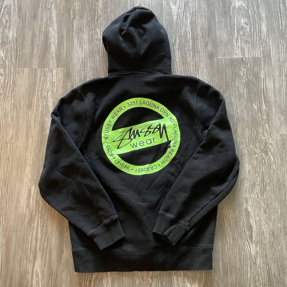 Stussy Vintage Hoodie Laguna Beach Spell Out Logo Black / Neon Green Men’s Sz M